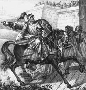 Бегство великого князя Георгия (Юрия) Всеволодовича после Липицкой битвы. Литография по рисункам Б. А. Чорикова. 1836 год.