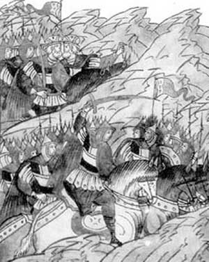 Вступление Мстислава Удатного в бой. Миниатюра из Лицевого летописного свода XVI века.