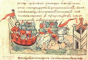 Поход на Царьград (907). Миниатюра из Радзивилловской летописи