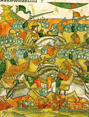Ледовое побоище. Миниатюра Лицевого летописного свода, середина XVI века