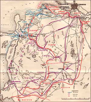 Схема наступления Северо-Западной армии (фиолетовый цвет) и частей эстонской армии (синий цвет) по Петроград в Октябре 1919 года.