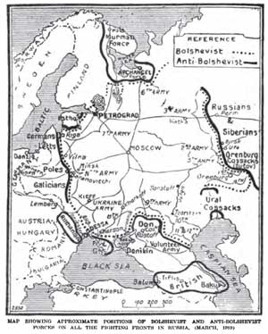1919. Территория, контролируемая правительством Северной области в 1919 году (отмечена в верхней части карты). Положение большевистских и антибольшевистских сил в марте 1919 года. Территория Горской республики занята войсками добровольческой армии ген. Деникина.