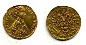 Червонец (дукат) с профилем Петра. 1706 год