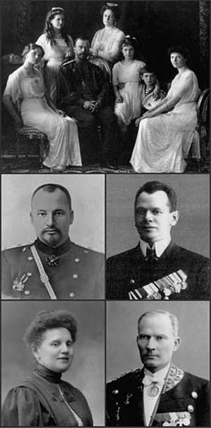 Убитые в доме Ипатьева. 1 ряд: Николай II с семьёй (слева направо: Ольга, Мария, Николай, Александра, Анастасия, Алексей и Татьяна) 2 ряд: лейб-медик Е. С. Боткин, лейб-повар И. М. Харитонов 3 ряд: комнатная девушка А. С. Демидова, камердинер полковник А. Е. Трупп