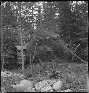 StuG III из состава батальона штурмовых орудий финской танковой дивизии в ожидании очередного приказа. 13 июля 1944 г. Район Вуосалми. Фотография из архива Сил обороны Финляндии (SA-kuva).