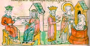 Крещение Ольги в Царьграде. Миниатюра из Радзивилловской летописи