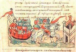 Олег Вещий ведёт войско к стенам Царьграда в 907 году. Миниатюра из Радзивилловской летописи